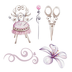 Watercolor set pink flower, pair of scissors, pins, ribbon sewing tools. Romantic tailor, dressmaker. Concept of femininity and elegance, vintage style, old-fashioned