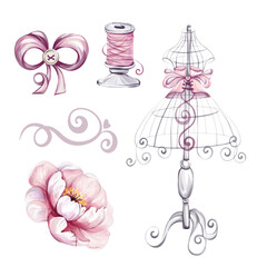 Watercolor vintage sewing clip art. A pink flower, mannequin, bow. Concept of femininity and elegance, vintage style, old-fashioned