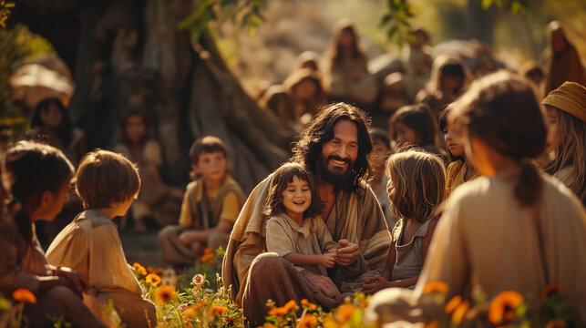 Jesus surrounded by children, sitting under a large tree in a serene garden. He gently holds a child on his lap and smiles warmly as other children gather around him. The scene captures the kindness 