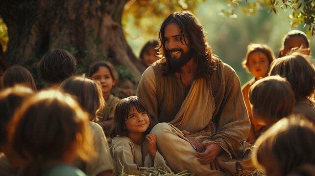 Jesus surrounded by children, sitting under a large tree in a serene garden. He gently holds a child on his lap and smiles warmly as other children gather around him. The scene captures the kindness 