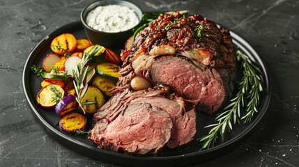 Tender slices of prime rib roast served with horseradish sauce and roasted vegetables