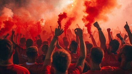 Red team Football fans cheering and celebrating league winner with red smoke and flare marching on the stadium streets and celebrating league title win