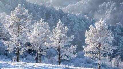 Winter mountain landscape. Trees in forest or park covered with hoarfrost and snow