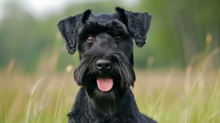  A tight shot of a black dog in a lush grass field, tongue extended to one side of its face