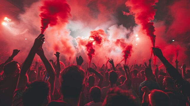 Red team Football fans cheering and celebrating league winner with red smoke and flare marching on the stadium streets and celebrating league title win
