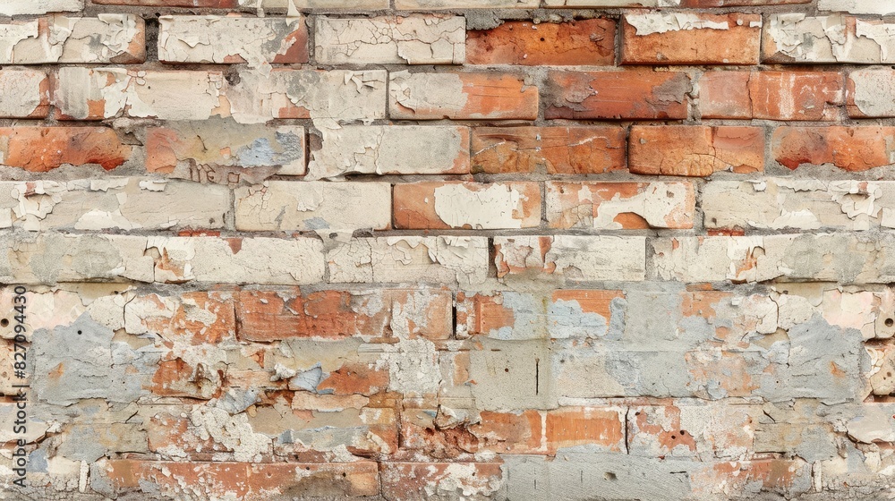 Poster Vintage brick wall with patches of exposed bricks and crumbling mortar, capturing its weathered beauty