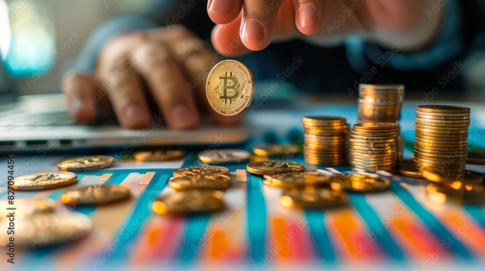 Poster a person is inserting a bitcoin into a stack of different coins. the action showcases the integratio