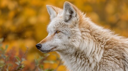 Fototapeta premium A tight shot of a white wolf before a tree, its leaves golden in the foreground The nearby foliage softly blurred, also yellow, in the hazy backdrop