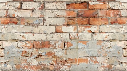 Naklejka premium Vintage brick wall with patches of exposed bricks and crumbling mortar, capturing its weathered beauty