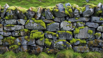 Weather-beaten stone wall with moss-covered patches, blending into the surrounding landscape