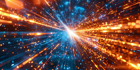 Fototapeta premium Dynamic burst of light with blue and orange streaks, futuristic abstract background showcasing energetic motion and vibrant illumination in a cosmic space theme.banner 