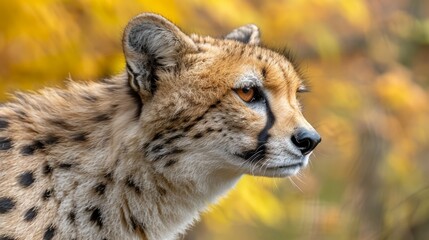  A tight shot of a cheetah's face, surrounded by a blur of yellow and orange leaves in the foreground Background is indistinctly blurred