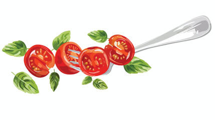 Fork with cut cherry tomato and basil isolated 