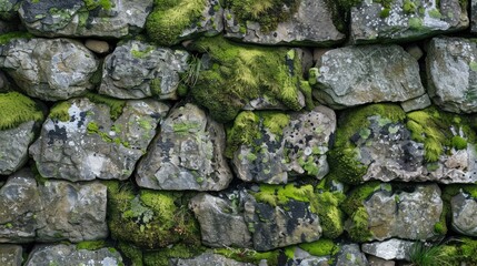 Fototapeta premium Weather-beaten stone wall with moss-covered patches, blending into the surrounding landscape