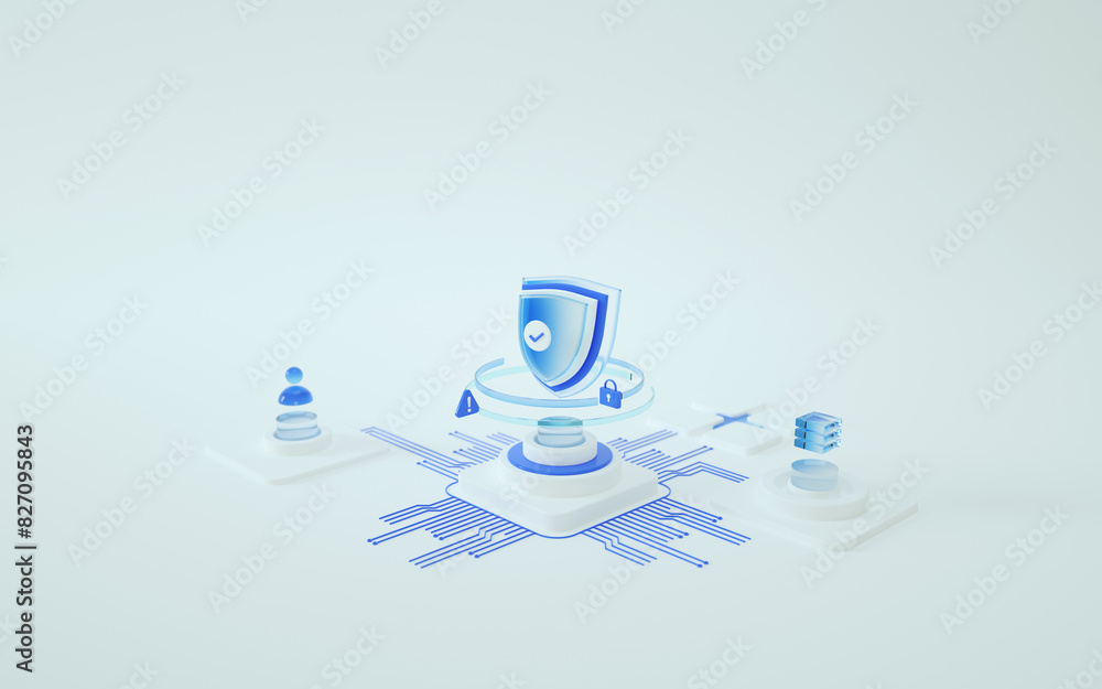 Poster ai computer data center, database, data transfer. blue shield. website, computer protection concept.
