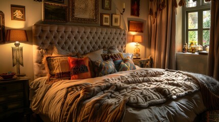 A cozy bedroom with a tufted headboard,  layered textiles,  and warm lighting