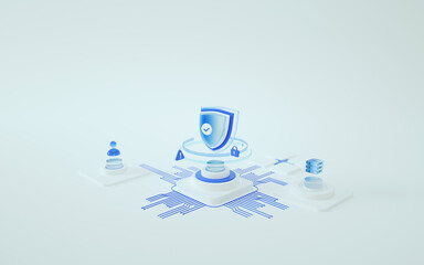 Ai computer data center, database, data transfer. Blue shield. Website, computer protection concept. Information security vs cyber security. 3D render