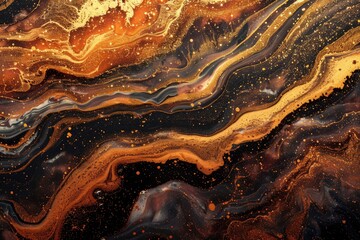 Abstract fluid art background dark golden and copper colors. Liquid marble. Acrylic painting on...