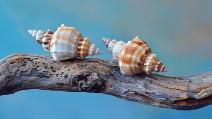 Close up of two seashells on a wooden branch with a blue backdrop