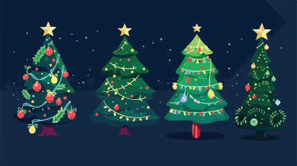 Four of flat cartoon Christmas trees. Decorated pine