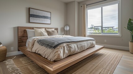 A minimal bedroom with a platform bed,  neutral decor,  and clean lines