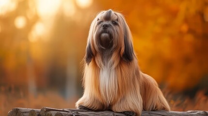 Fototapeta premium Long-haired dog atop log before woodland, trees behind, yellow-orange sky background