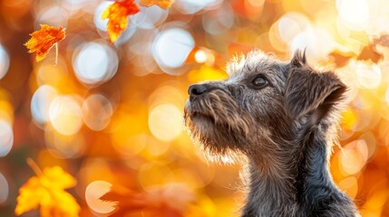  A dog gazes at a leaf falling from a tree against a backdrop of blurred, yellow-orange foliage and a tree