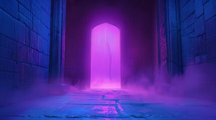 Exit of a labyrinth, opening, cartoon, eerie, purple light