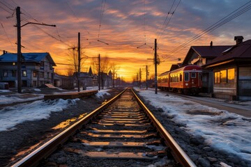 Fototapeta premium Tranquil sunset atmosphere with railroad pylon silhouette reflecting on calm waters
