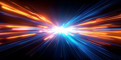 Dynamic burst of light with blue and orange streaks, futuristic abstract background showcasing energetic motion and vibrant illumination in a cosmic space theme.banner
