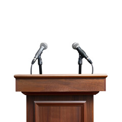A podium with microphones set up for a presidential debate between candidates, isolated on transparent background