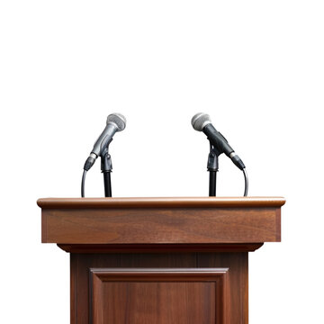 A podium with microphones set up for a presidential debate between candidates, isolated on transparent background