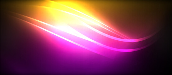 Neon glowing circle rays, light round lines in the dark, planet style neon wave lines. Energetic electric concept design for wallpaper, banner, background