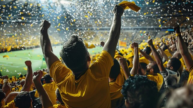 group of fans dressed in yellow color watching a sports event in the stands of a stadium. people cheering and celebrating together in the stadium .