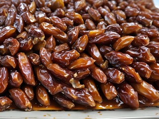 dates close up. date palm background. Date palm on a traditional craftsman market.Horizontal image.