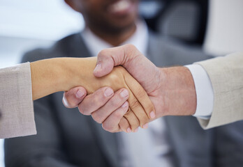 Business people, meeting and shaking hands for success, agreement or law firm negotiation with deal...