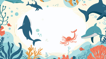 Frame template with cartoon sea animals. Ocean background