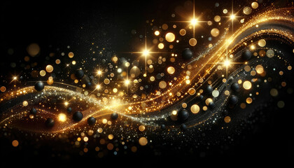 Glowing golden bokeh particles on a black background. Abstract background with a combination of black and gold particles
