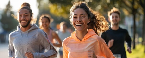 Friends participating in a charity run, highlighting community spirit close up, vibrant, Multilayer, City