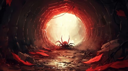  A spider traverses a dark tunnel lined with scarlet foliage; a radiant light glows, centrally positioned, at its endpoint