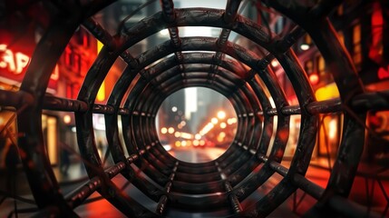  A tight shot of a circular object against a backdrop of an out-of-focus city street, with a nearby blurred building in the foreground