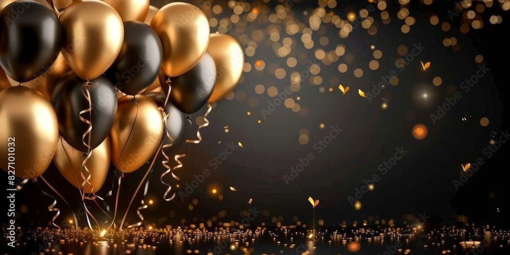 Wall mural black golden balloons on dark background, party, happy birthday, copy space - Wall murals
