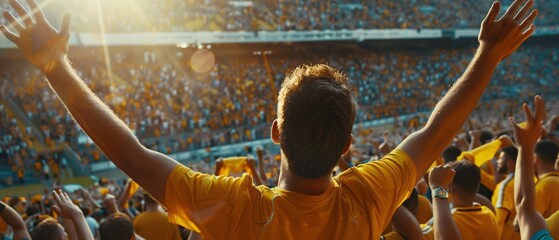 group of fans dressed in yellow color watching a sports event in the stands of a stadium. people cheering and celebrating together in the stadium .