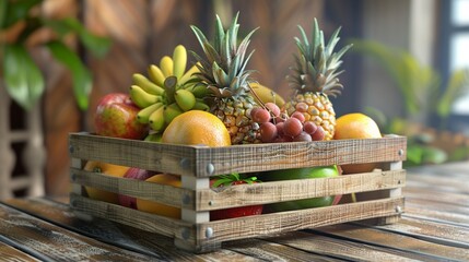 Wooden farm crate filled with fresh tropical fruit