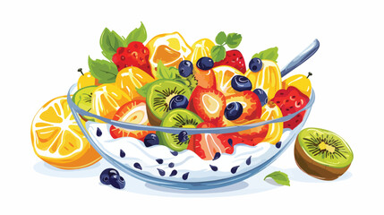 Fresh tasty fruit salad with yogurt on white background