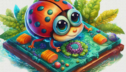 Fototapeta premium oil painting style CARTOON CHARACTER cute lady bug Inventor Works on a Complex Machine
