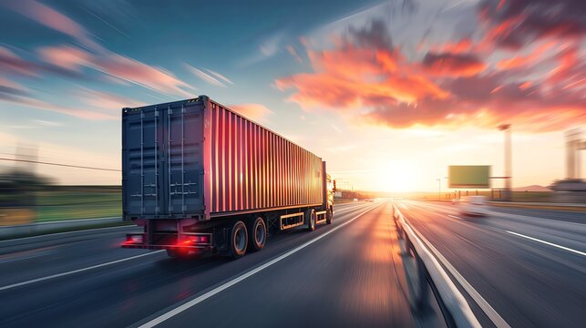 traditional cargo truck with container driving on highway road at sunset, motion blur background, motion, photo realistic