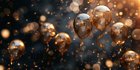 black golden balloons on dark background, party, happy birthday, copy space