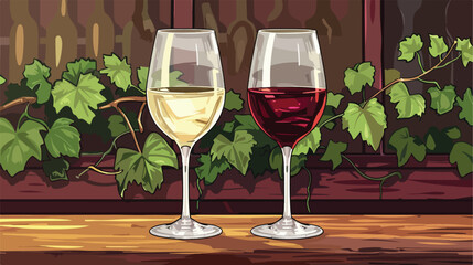 Glasses of white and red wines on wooden table Cartoo
