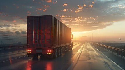 Photo of A truck with cargo container driving on the highway at sunset, moving fast in motion, side view, rear lighting. 